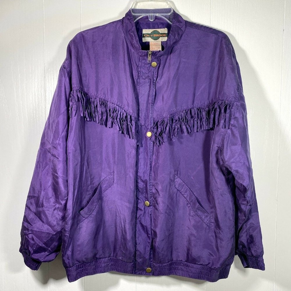 VIntage Outbrook Jacket Womens Large Purple Zip & Snap Front Silk Fringe